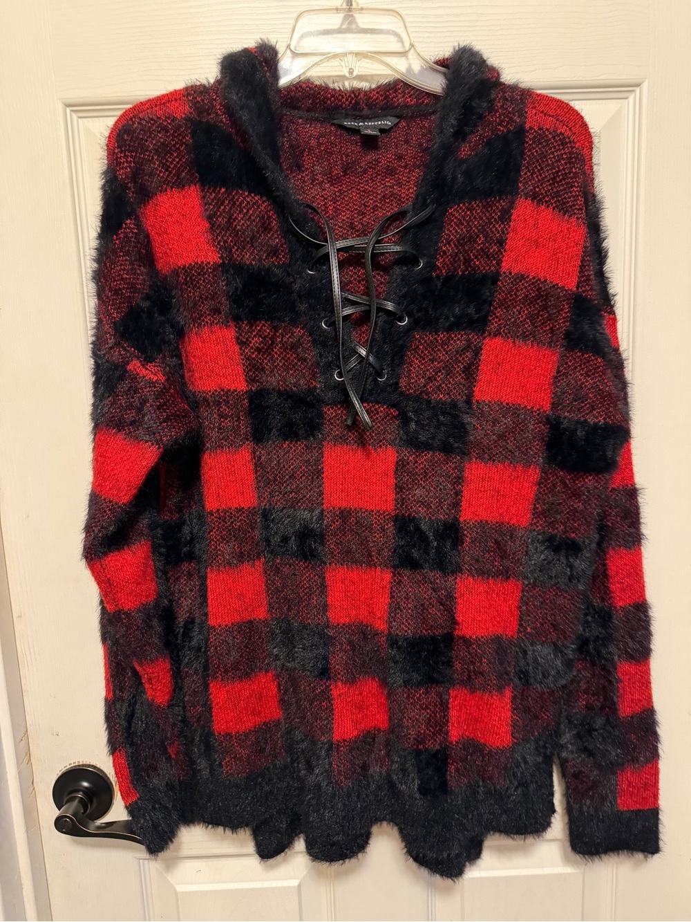 Rock & Republic Red and Black Plaid Lace-Up V-Neck Hooded Fuzzy Sweater